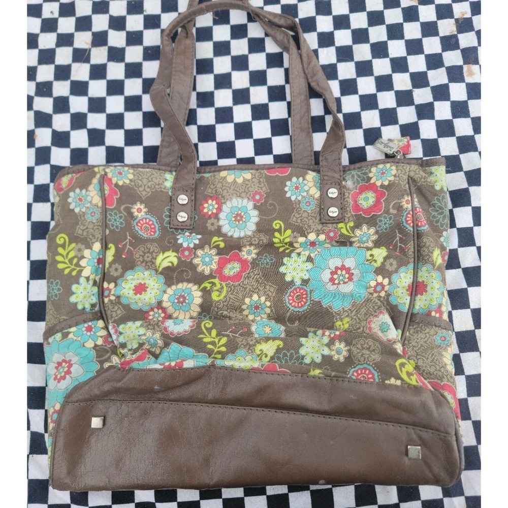 Lily Bloom Brown Floral Tote Bag Shoulder Purse Faux Leather Trim‎